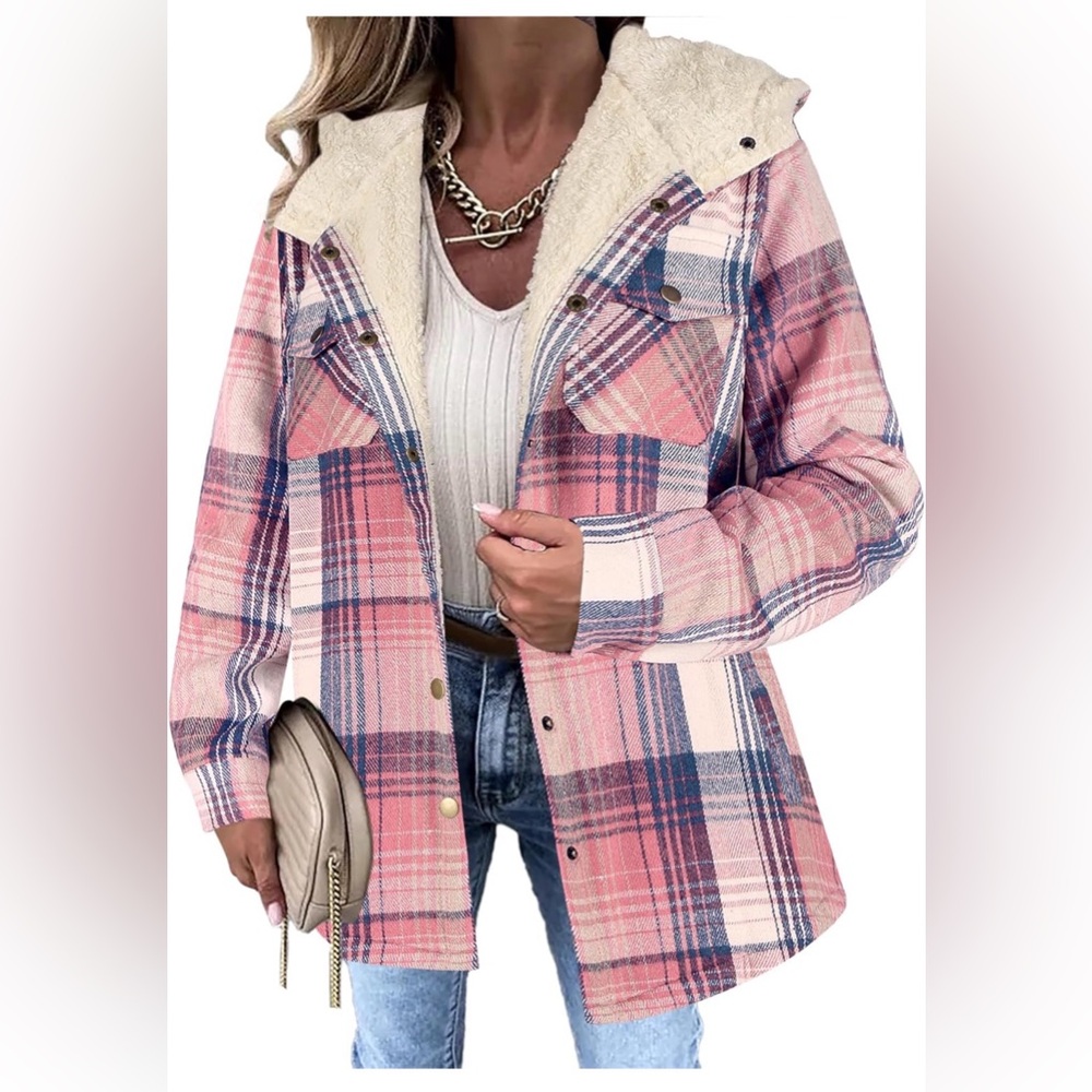 Plaid Shacket Jacket Long Sleeve Fleece Hooded Jacket